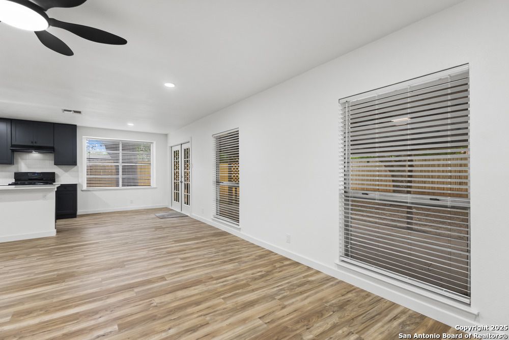 Empty room, Interior, Kitchen, Recessed Lighting, Wood Texture Flooring
