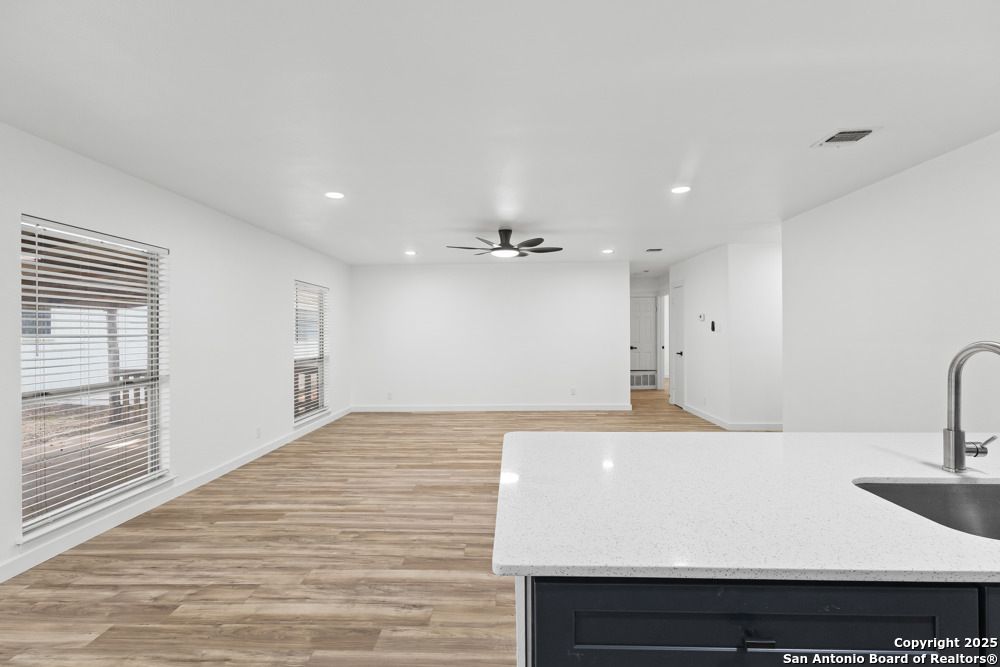 Empty room, Interior, Kitchen, Recessed Lighting, Wood Texture Flooring