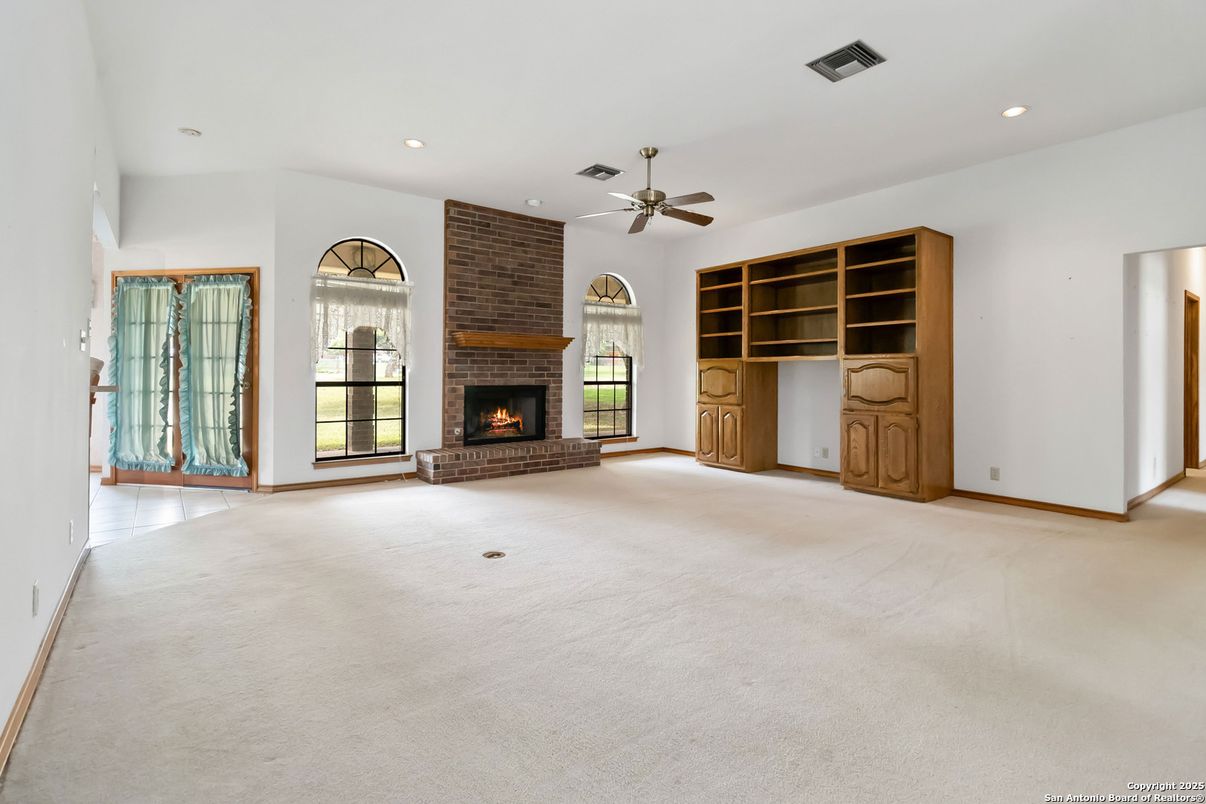 Empty room, Fireplace, Interior, Recessed Lighting, Stone Walls