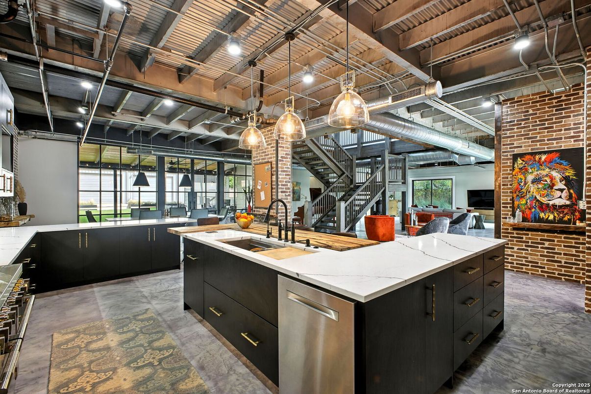 Interior, Kitchen, Pendant Lights, Stainless Steel Appliances, Stone Walls, Wooden Beams