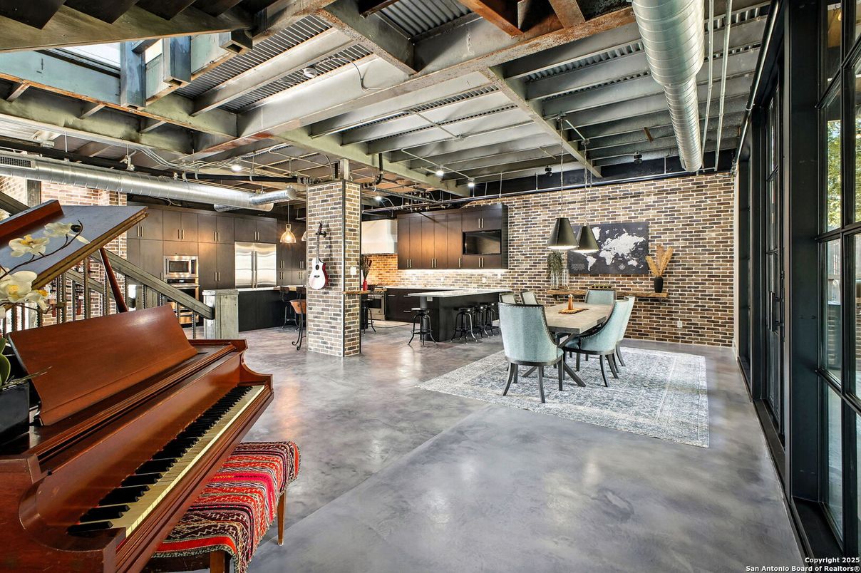 Dining room, Interior, Kitchen, Pendant Lights, Piano, Stone Walls