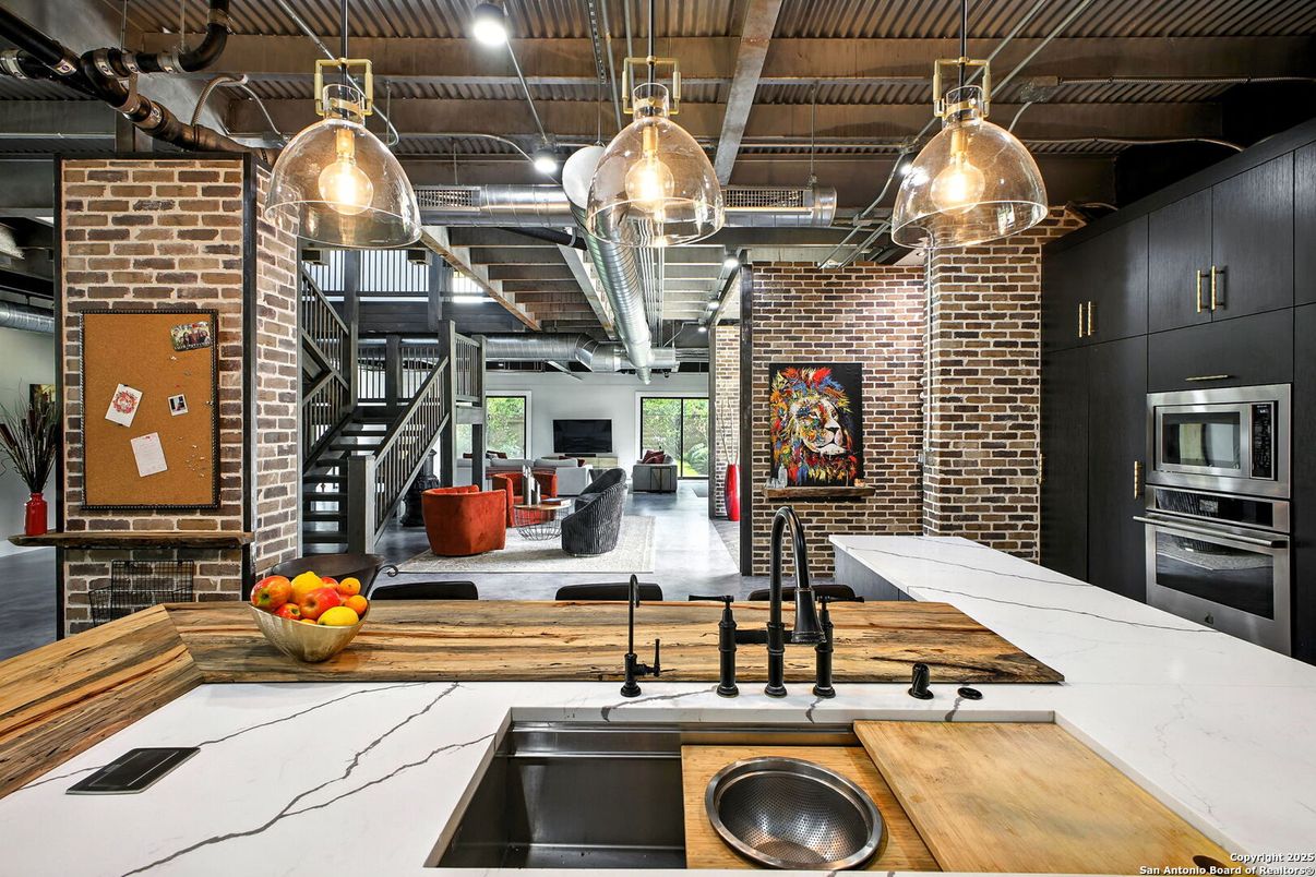 Interior, Kitchen, Living room, Pendant Lights, Stainless Steel Appliances, Stone Walls, Wooden Beams