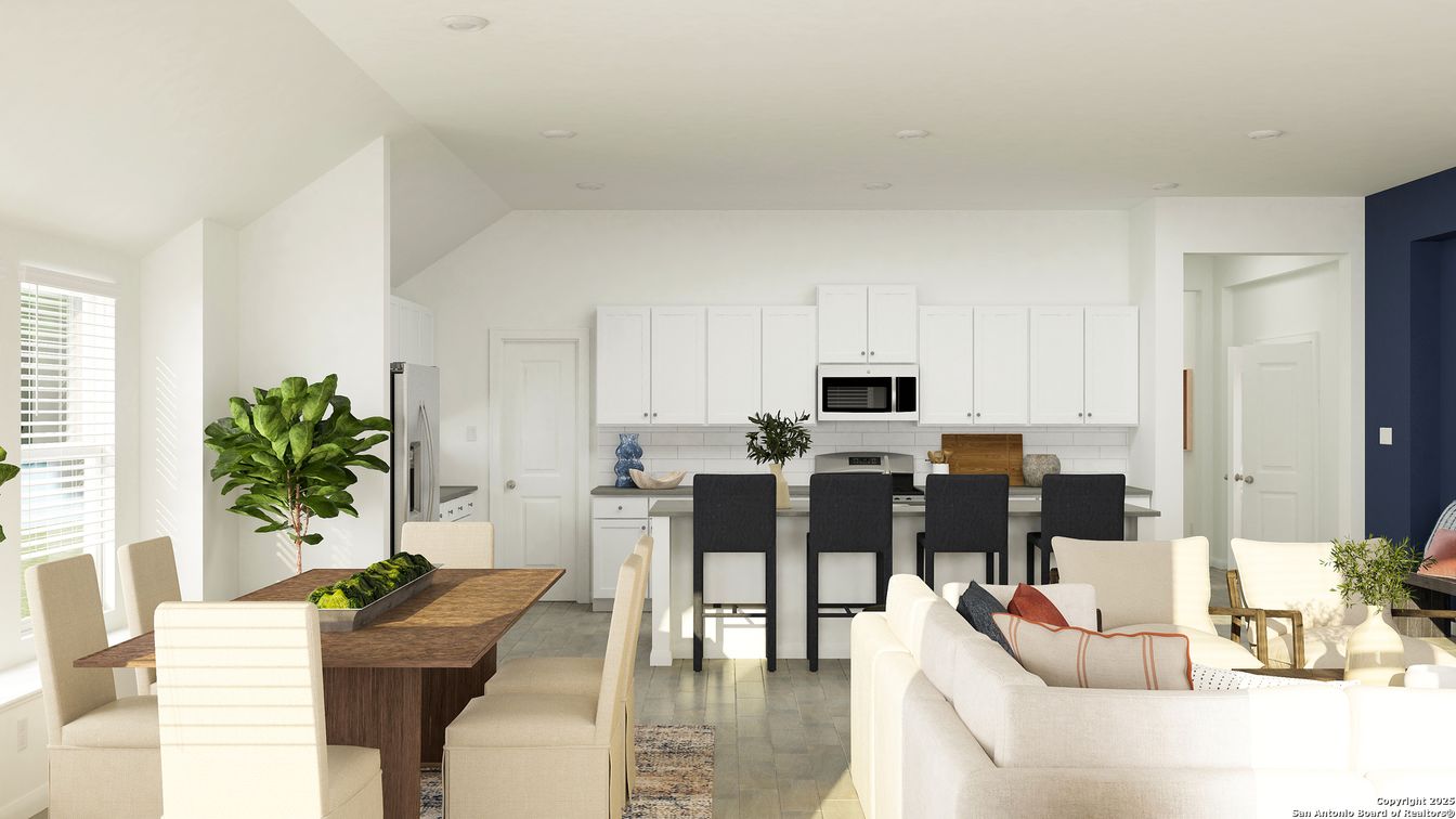 Dining room, Interior, Kitchen, Living room, Recessed Lighting, Stainless Steel Appliances, Wood Texture Flooring