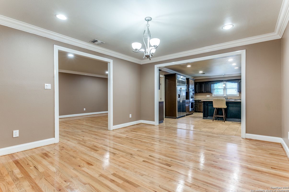 Empty room, Interior, Kitchen, Pendant Lights, Recessed Lighting, Wood Texture Flooring