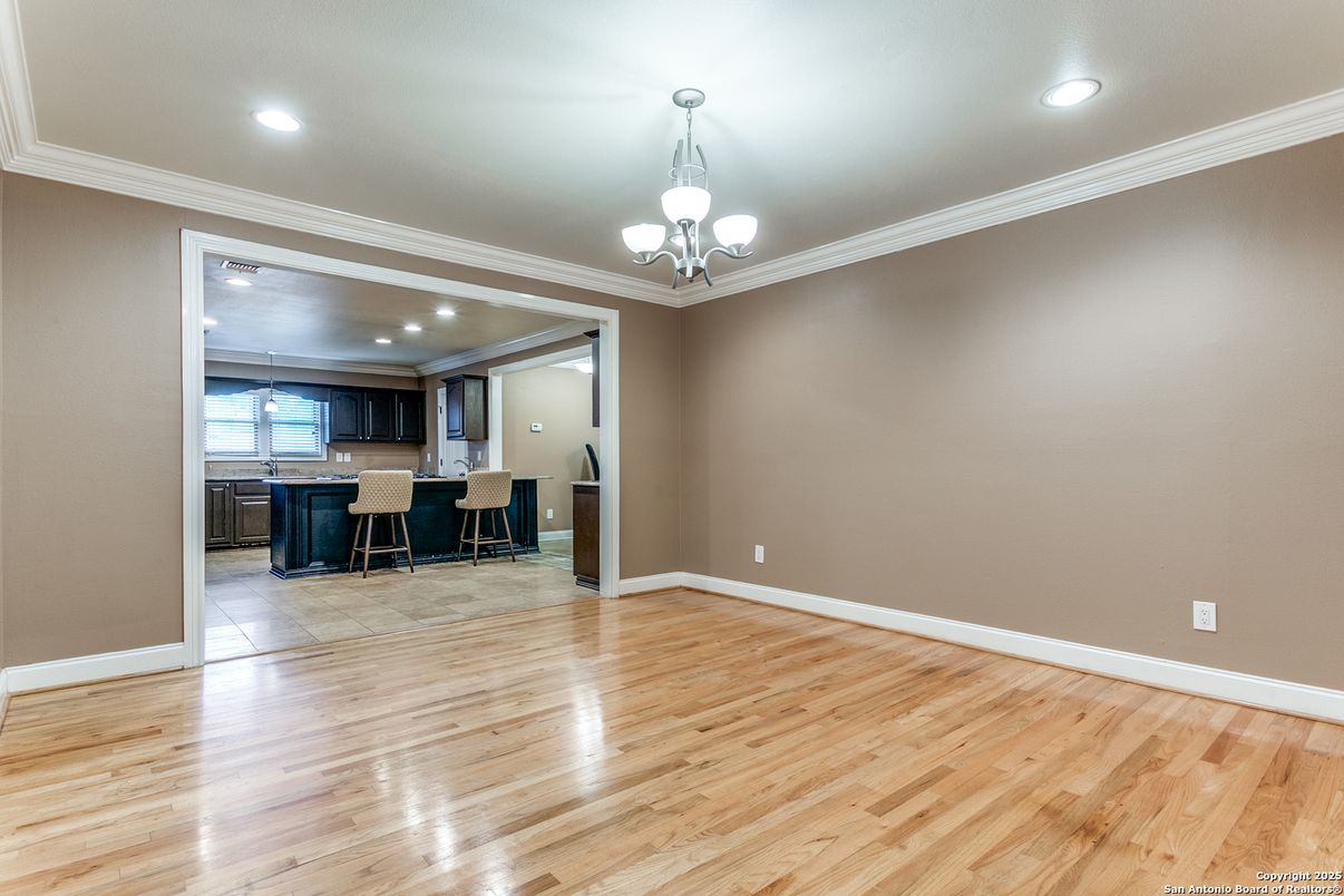 Empty room, Interior, Kitchen, Pendant Lights, Recessed Lighting, Wood Texture Flooring