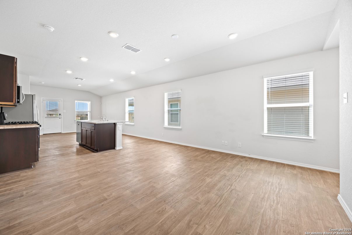 Empty room, Interior, Kitchen, Recessed Lighting, Wood Texture Flooring