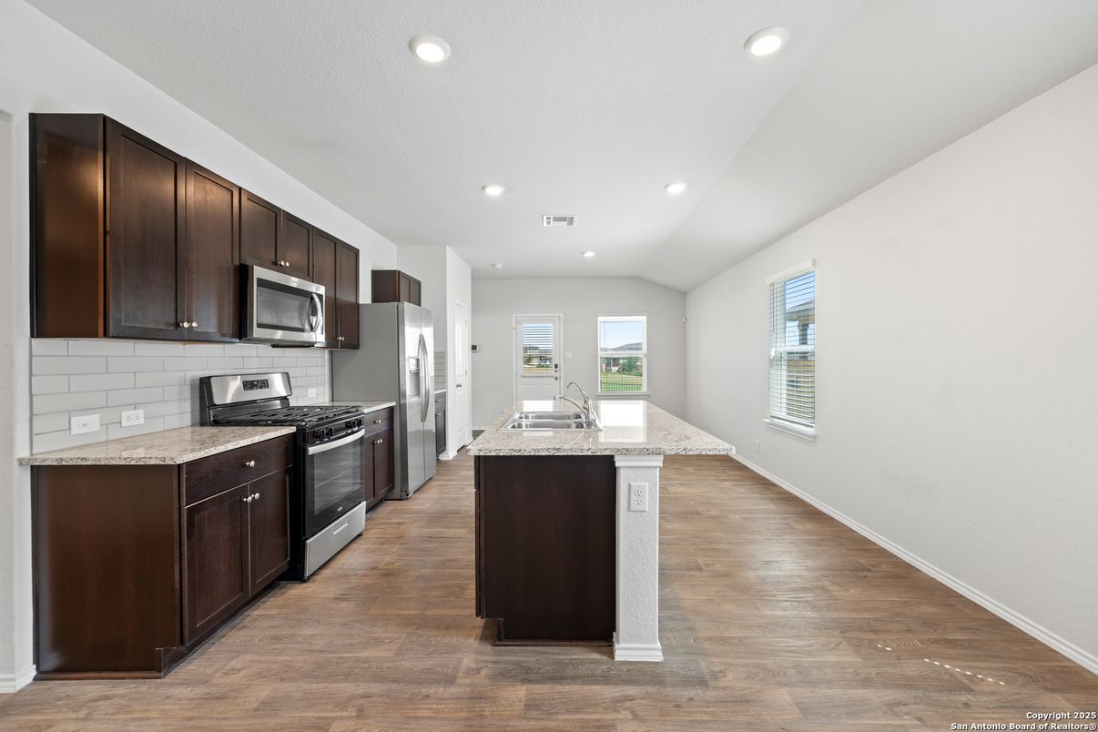 Interior, Kitchen, Recessed Lighting, Stainless Steel Appliances, Wood Texture Flooring