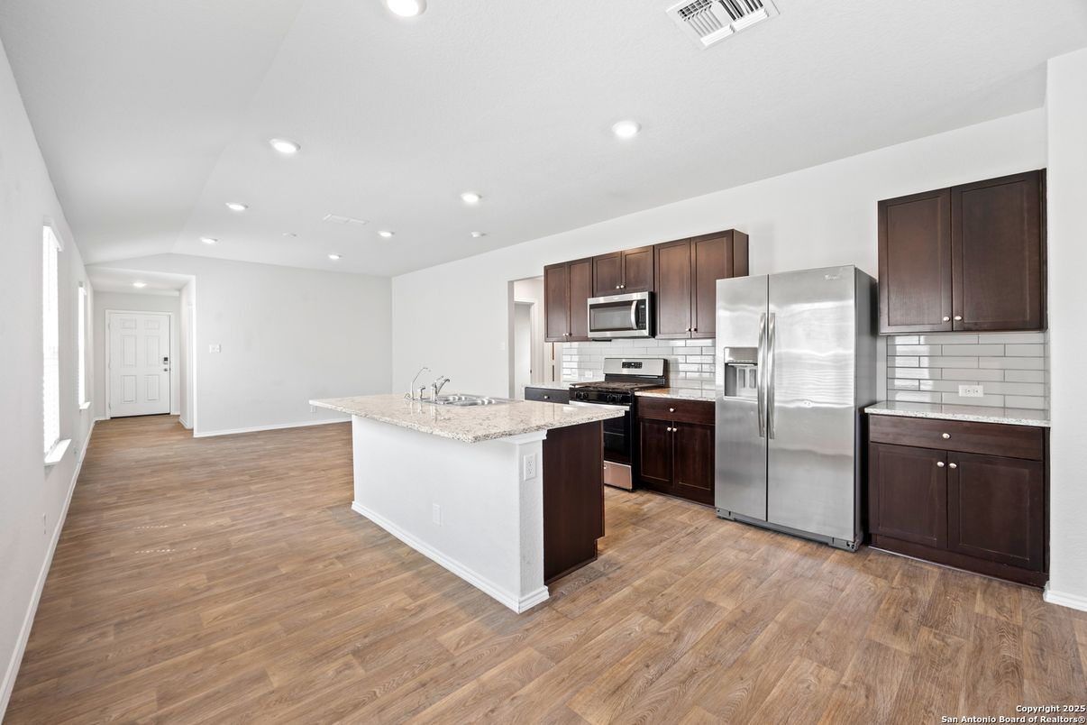 Interior, Kitchen, Recessed Lighting, Stainless Steel Appliances, Wood Texture Flooring