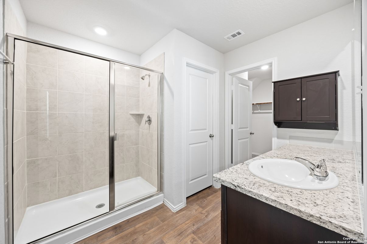 Bathroom, Glass Shower, Interior, Recessed Lighting, Wood Texture Flooring