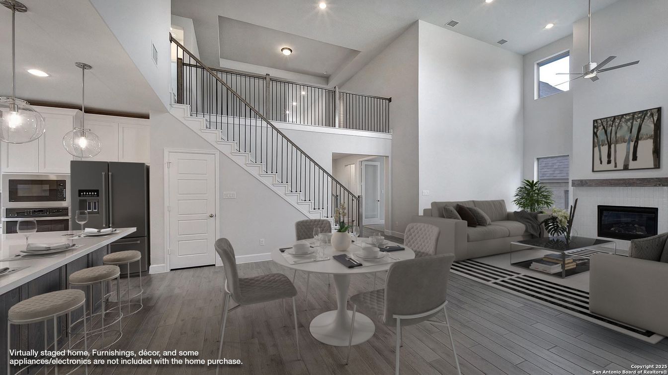 Dining room, Fireplace, Interior, Kitchen, Living room, Pendant Lights, Recessed Lighting, Wood Texture Flooring