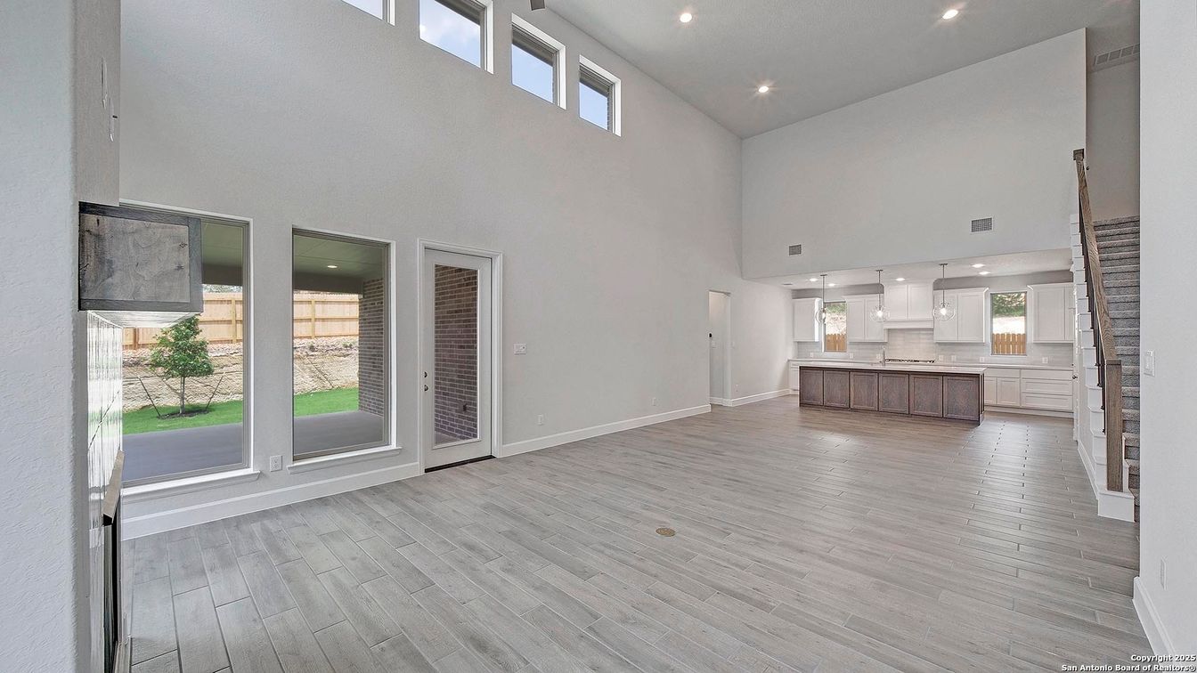Empty room, Interior, Kitchen, Pendant Lights, Recessed Lighting, Wood Texture Flooring