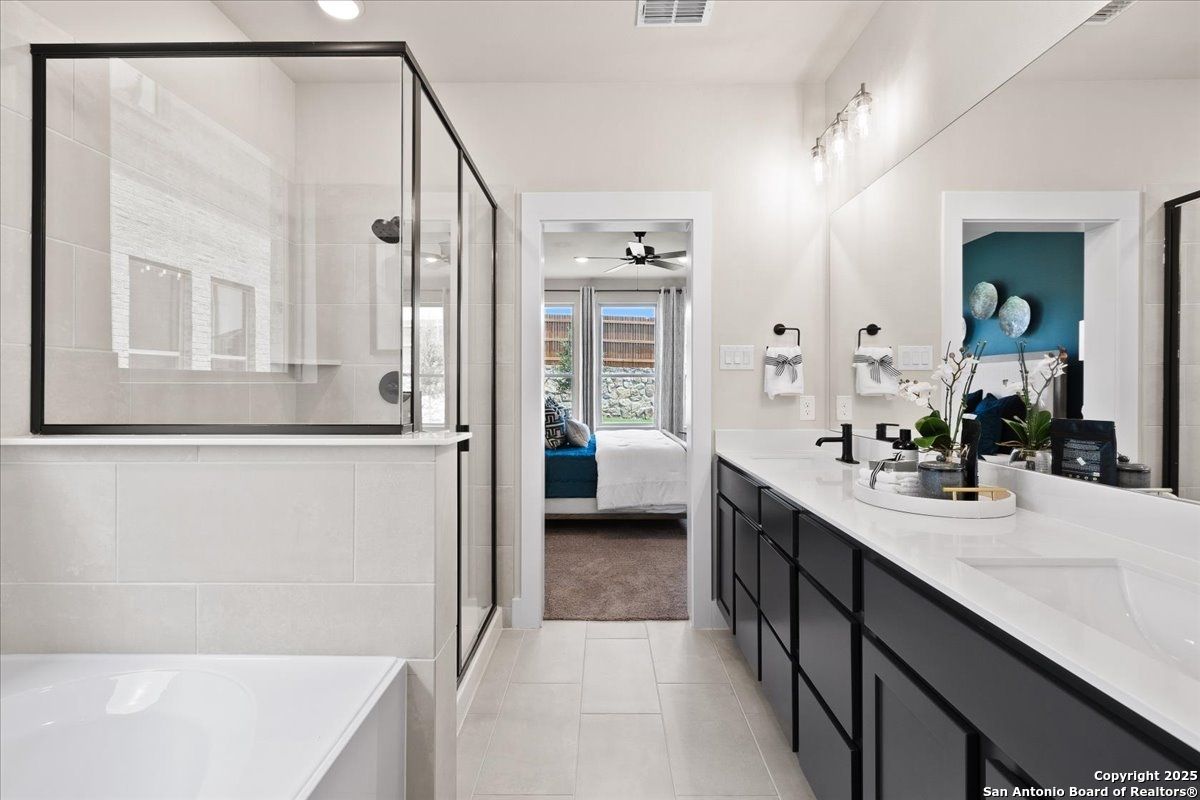 Bathroom, Bedroom, Dual Sink Vanities, Glass Shower, Interior, Recessed Lighting