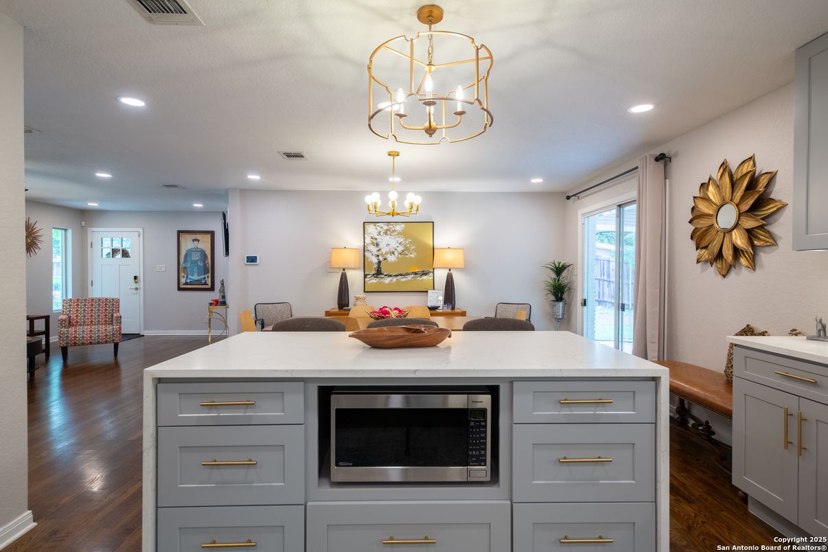 Chandelier, Interior, Kitchen, Recessed Lighting, Stainless Steel Appliances, Wood Texture Flooring