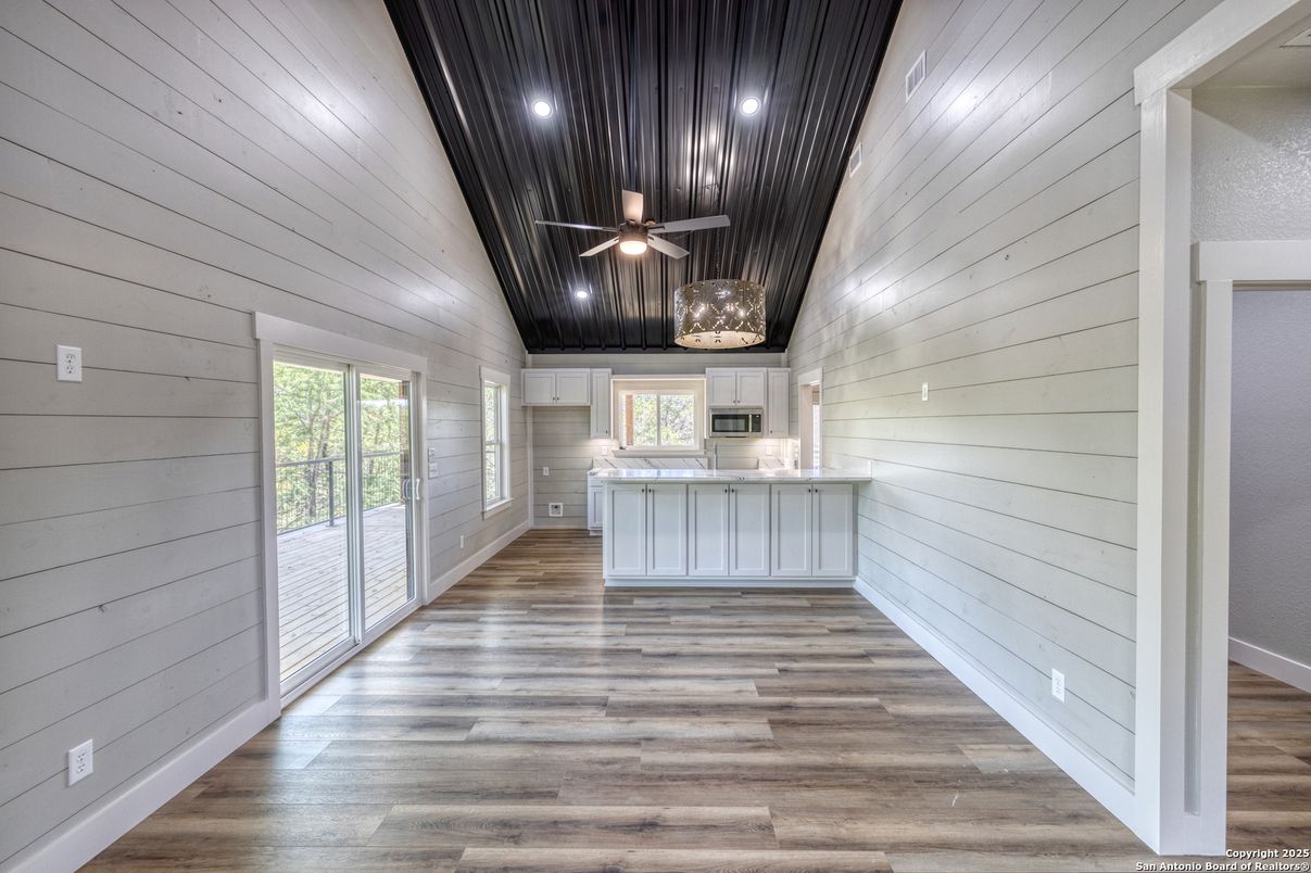Empty room, Interior, Kitchen, Recessed Lighting, Wood Texture Flooring