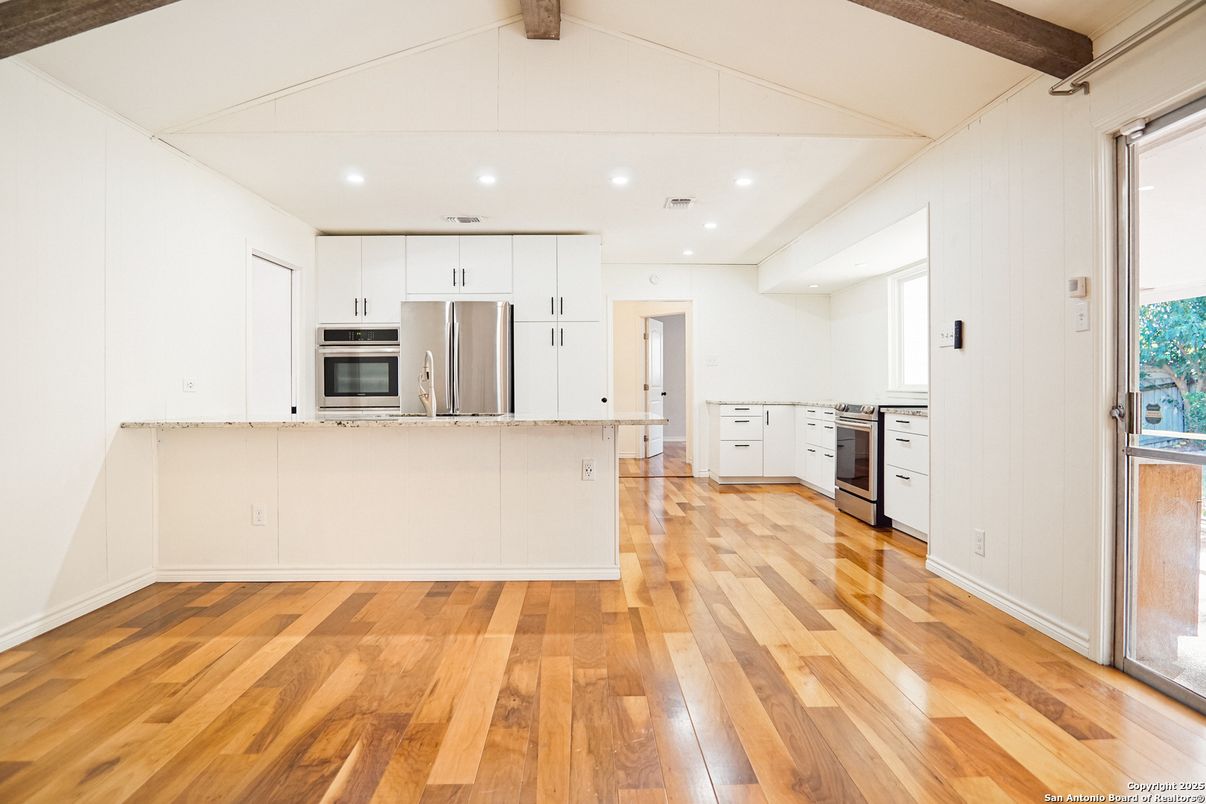 Interior, Kitchen, Recessed Lighting, Stainless Steel Appliances, Wooden Beams, Wood Texture Flooring