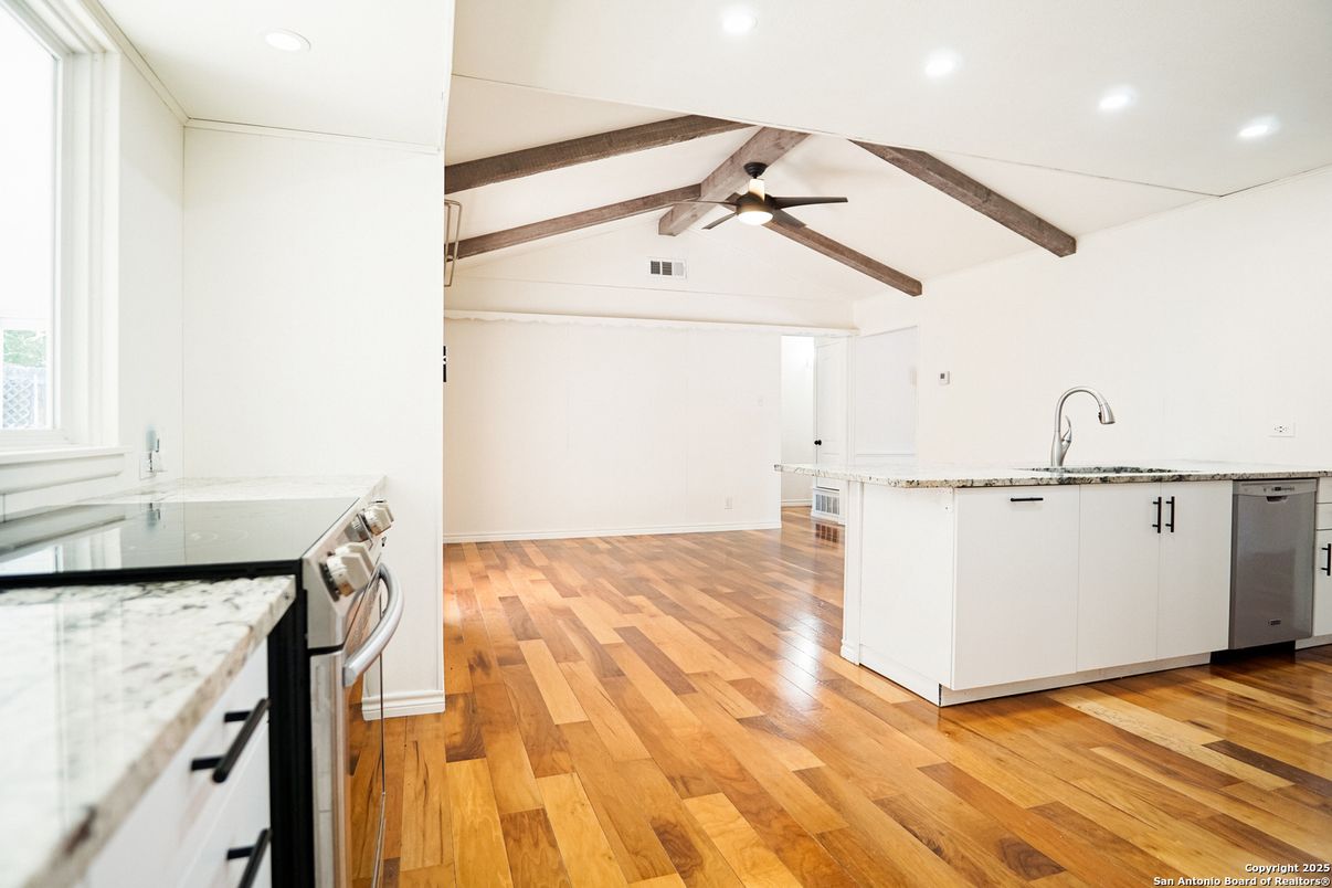 Interior, Kitchen, Recessed Lighting, Wooden Beams, Wood Texture Flooring