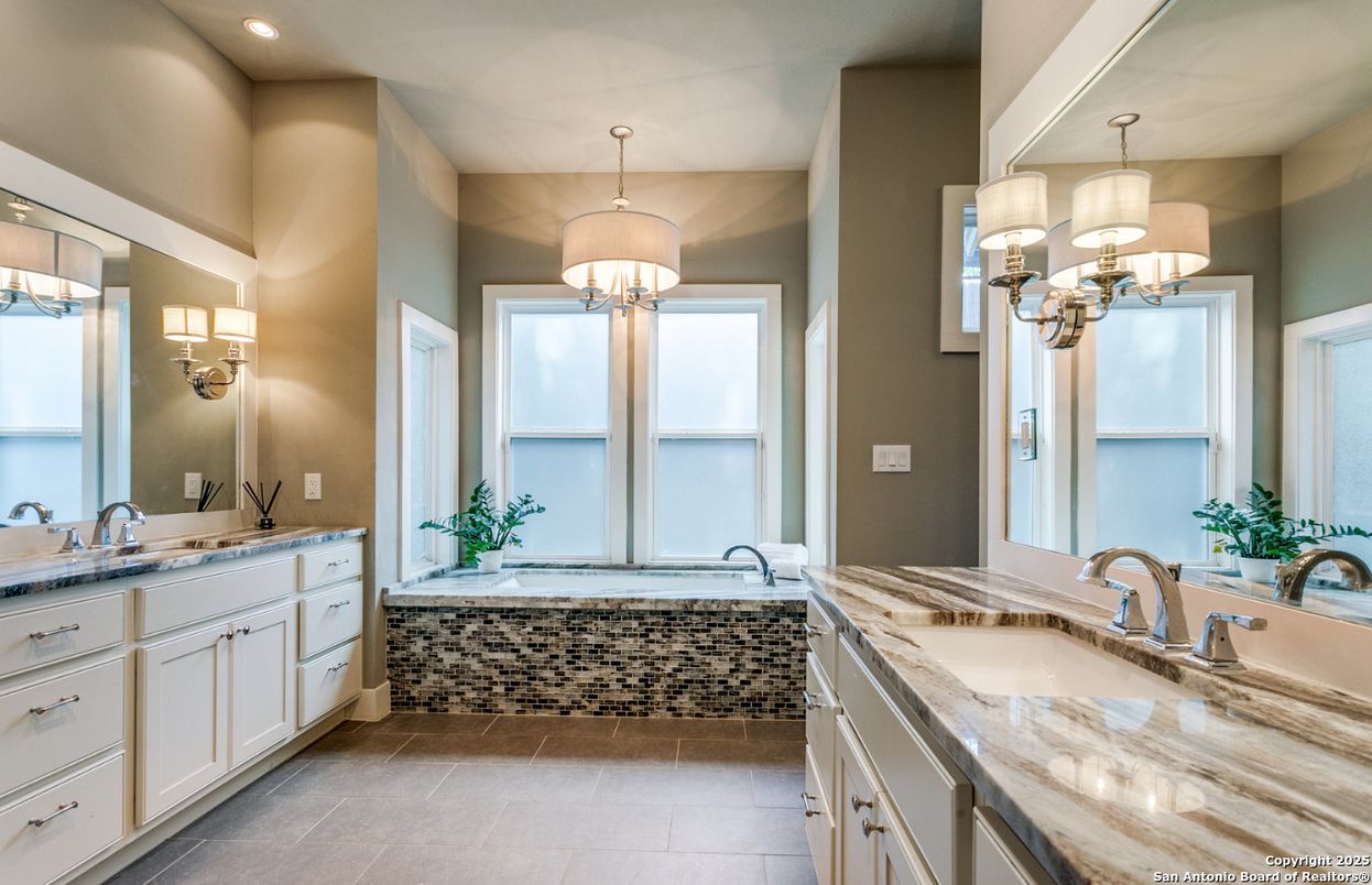 Bathroom, Chandelier, Dual Sink Vanities, Interior, Recessed Lighting