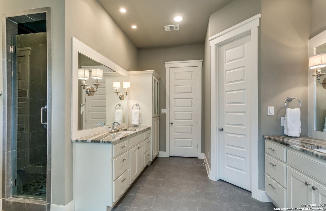 Bathroom, Dual Sink Vanities, Glass Shower, Interior, Recessed Lighting