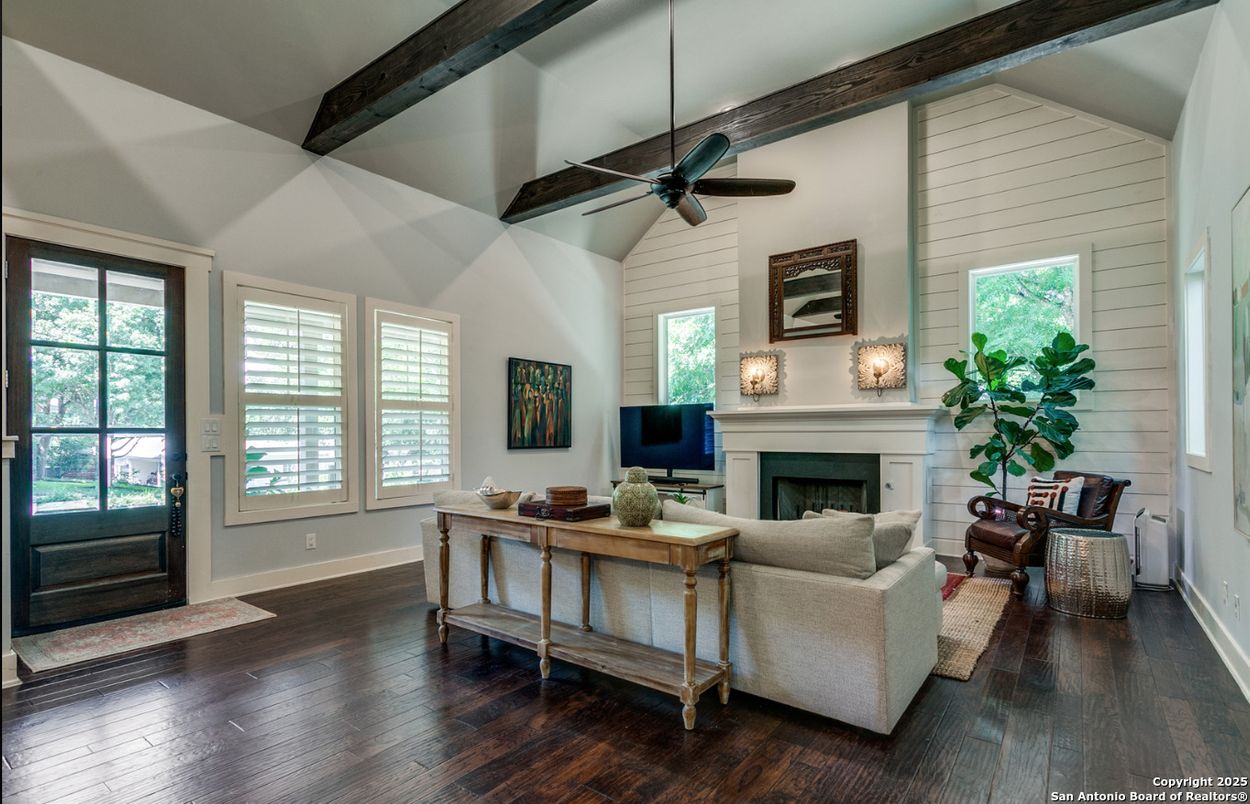 Fireplace, Interior, Living room, Wooden Beams, Wood Texture Flooring