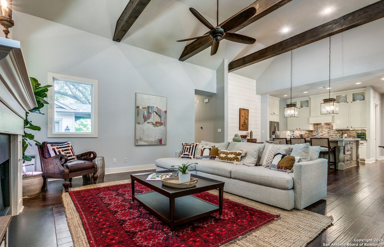 Fireplace, Interior, Kitchen, Living room, Pendant Lights, Recessed Lighting, Wooden Beams, Wood Texture Flooring