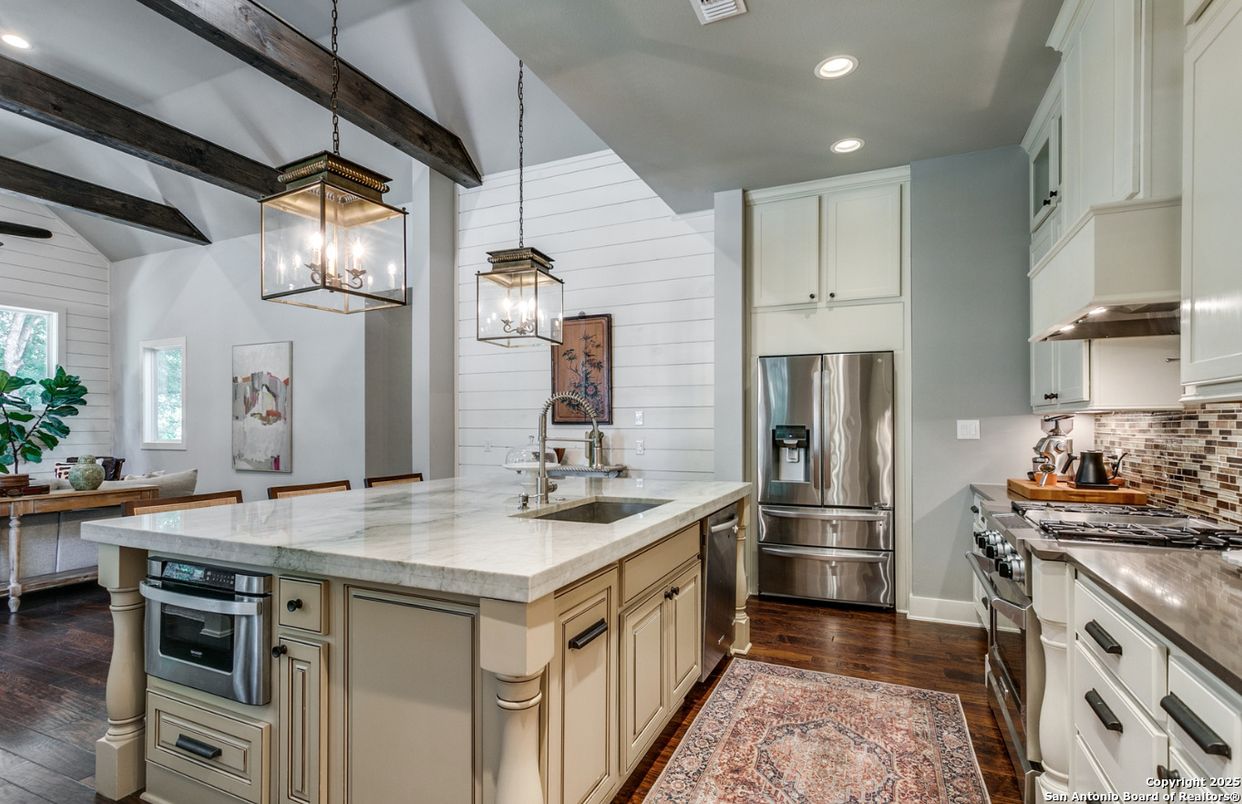 Interior, Kitchen, Pendant Lights, Recessed Lighting, Stainless Steel Appliances, Wooden Beams, Wood Texture Flooring