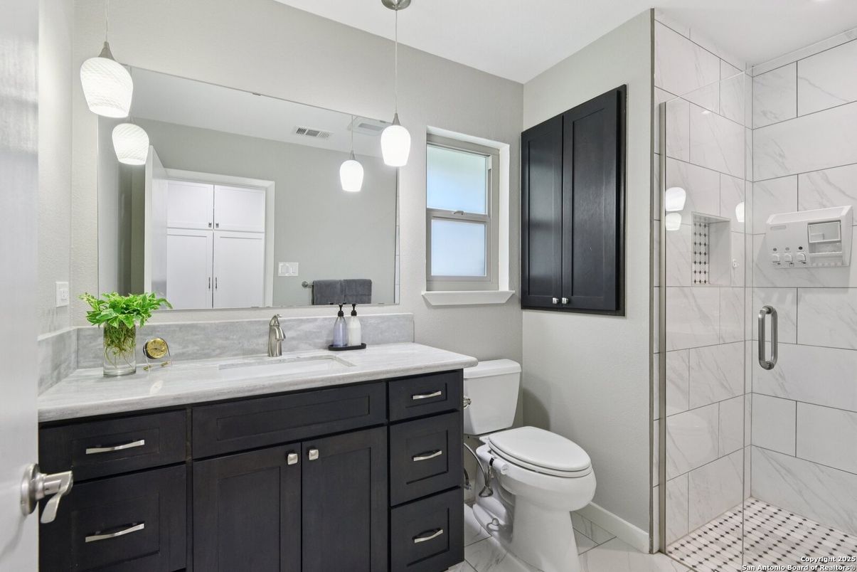 Bathroom, Glass Shower, Interior, Marble, Marble Walls, Pendant Lights