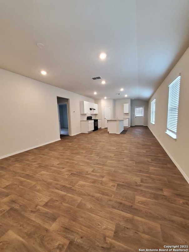 Empty room, Interior, Kitchen, Recessed Lighting, Wood Texture Flooring