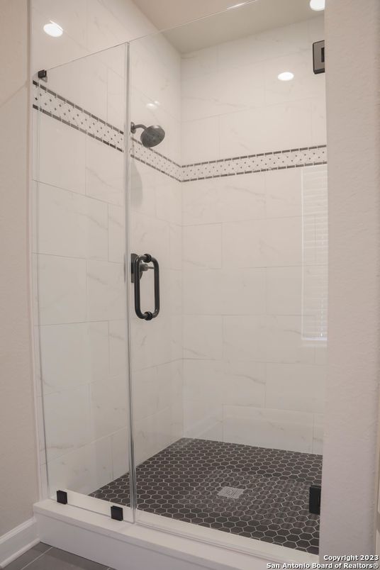 Bathroom, Glass Shower, Interior, Marble Walls, Recessed Lighting