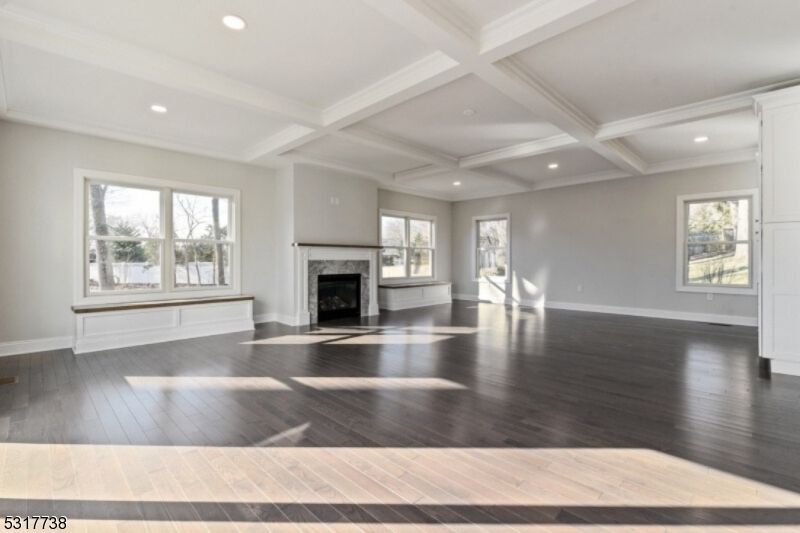 Empty room, Fireplace, Interior, Recessed Lighting, Wood Texture Flooring