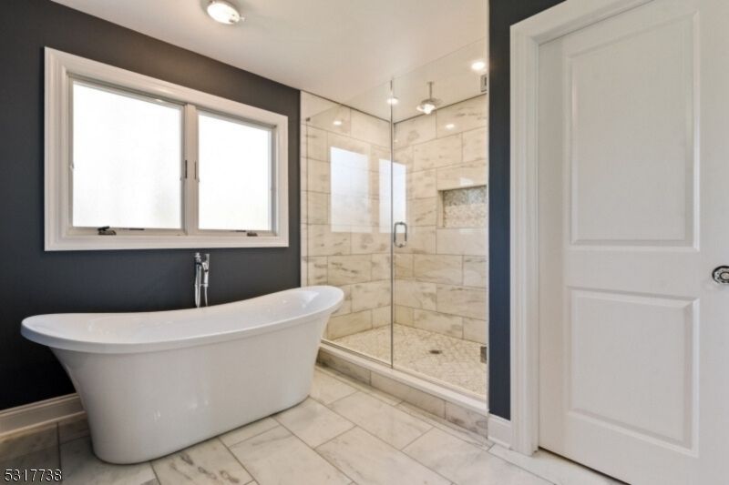 Bathroom, Free Standing Baths, Glass Shower, Interior, Marble Walls, Recessed Lighting