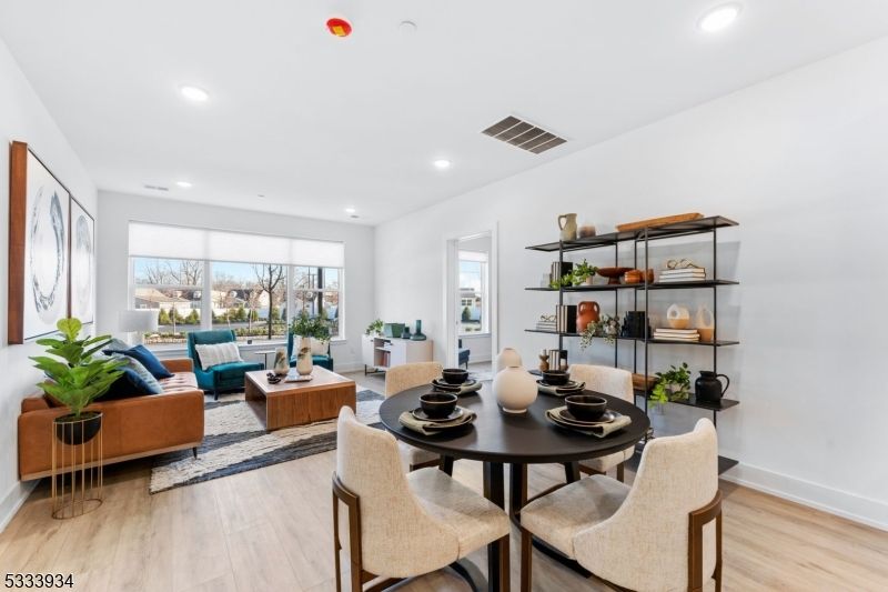Dining room, Interior, Living room, Recessed Lighting, Wood Texture Flooring