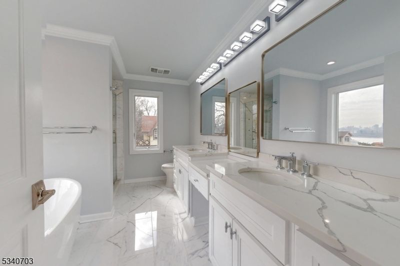 Bathroom, Dual Sink Vanities, Glass Shower, Interior, Marble, Recessed Lighting