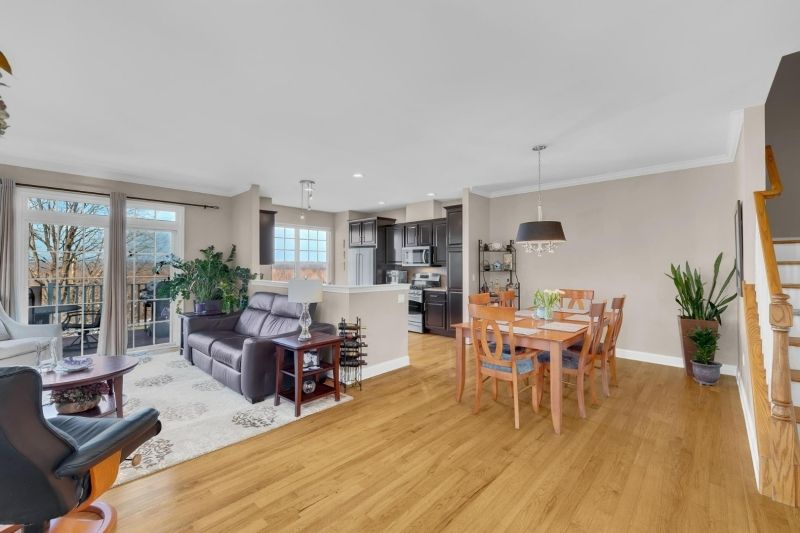 Dining room, Interior, Kitchen, Living room, Pendant Lights, Recessed Lighting, Stainless Steel Appliances, Wood Texture Flooring