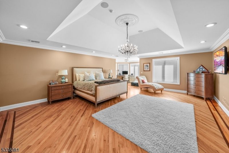 Bedroom, Chandelier, Interior, Recessed Lighting, Wood Texture Flooring