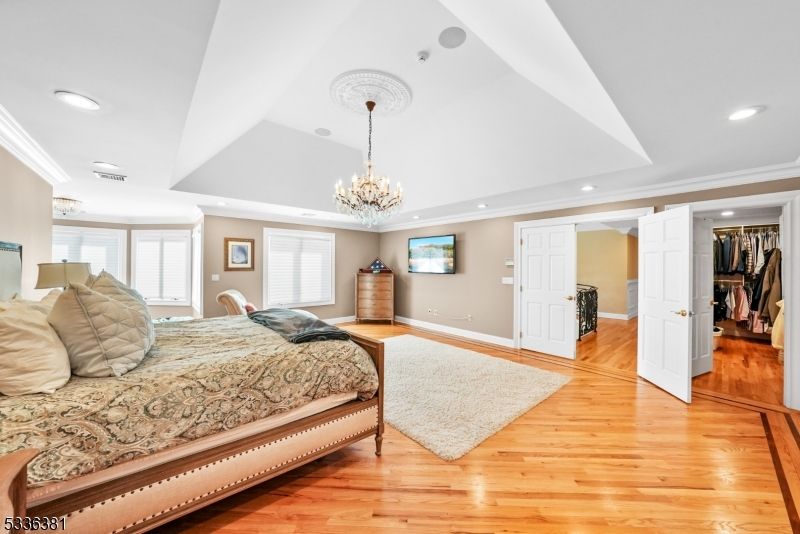 Bedroom, Chandelier, Interior, Recessed Lighting, Wood Texture Flooring