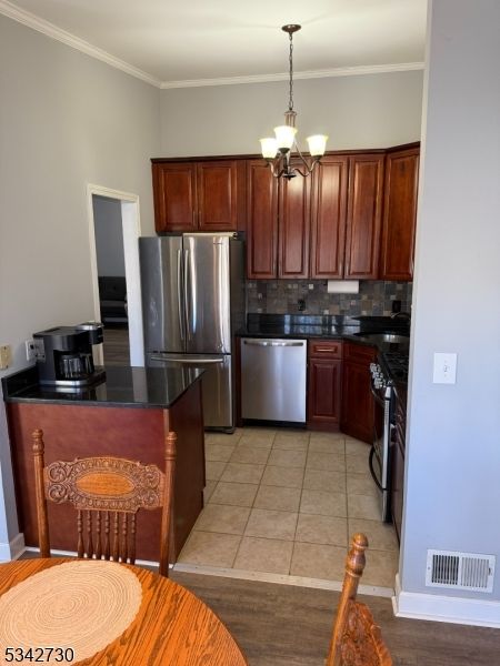 Chandelier, Interior, Kitchen, Pendant Lights, Stainless Steel Appliances, Wood Texture Flooring