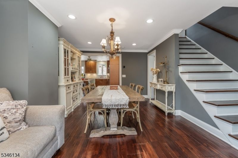 Chandelier, Dining room, Interior, Kitchen, Recessed Lighting, Wood Texture Flooring
