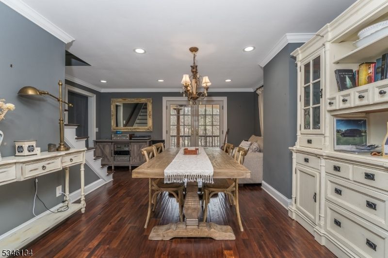 Chandelier, Dining room, Interior, Recessed Lighting, Wood Texture Flooring
