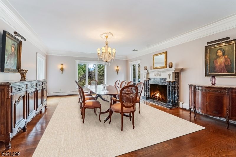 Chandelier, Dining room, Fireplace, Interior, Wood Texture Flooring