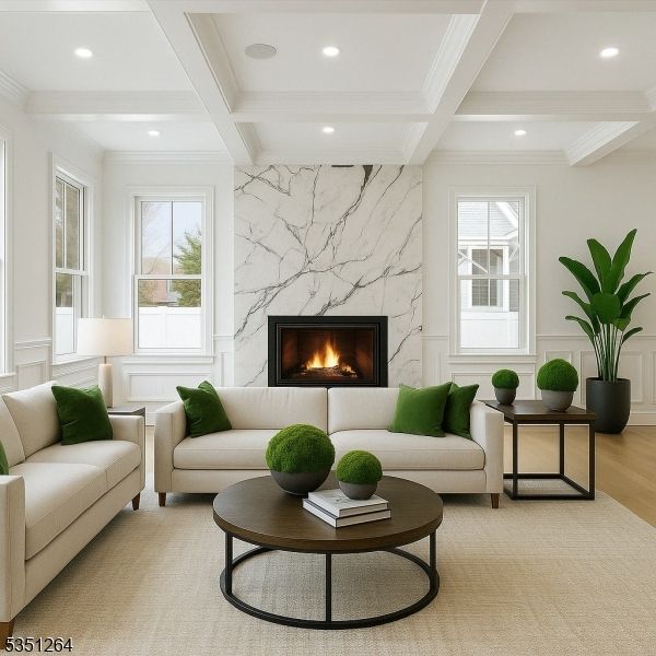 Fireplace, Interior, Living room, Marble Walls, Recessed Lighting, Wood Texture Flooring