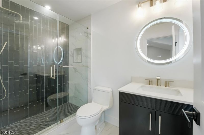 Bathroom, Glass Shower, Interior, Marble, Marble Walls, Recessed Lighting