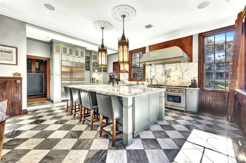 Interior, Kitchen, Marble, Pendant Lights, Recessed Lighting, Stainless Steel Appliances