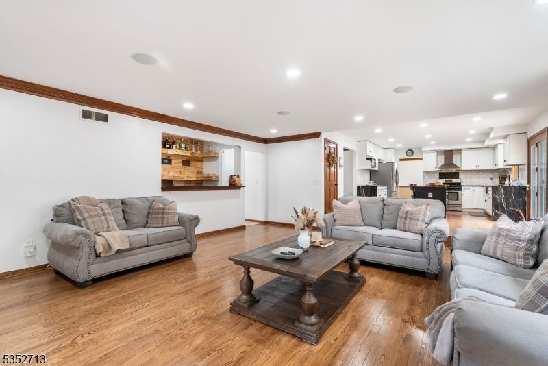 Interior, Kitchen, Living room, Recessed Lighting, Stainless Steel Appliances, Wood Texture Flooring