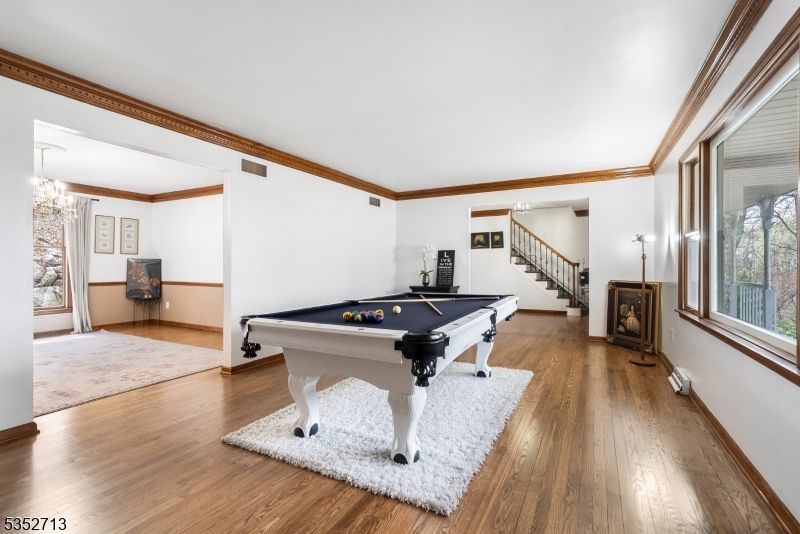 Billiard Table, Chandelier, Game Room, Interior, Wood Texture Flooring