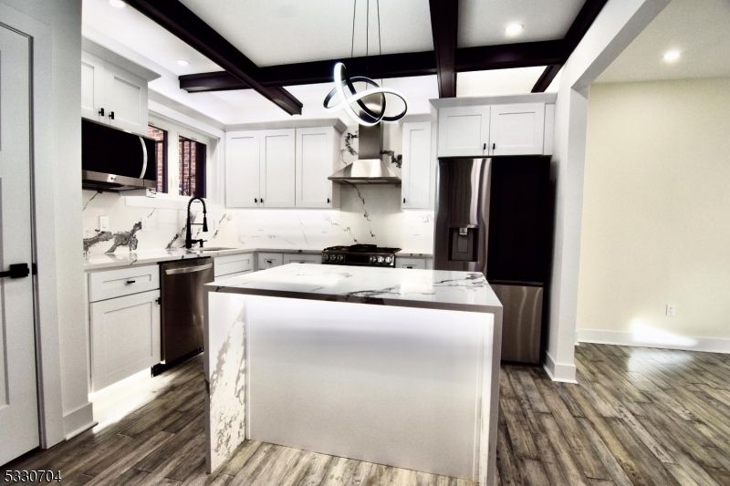 Interior, Kitchen, Pendant Lights, Recessed Lighting, Stainless Steel Appliances, Wooden Beams, Wood Texture Flooring