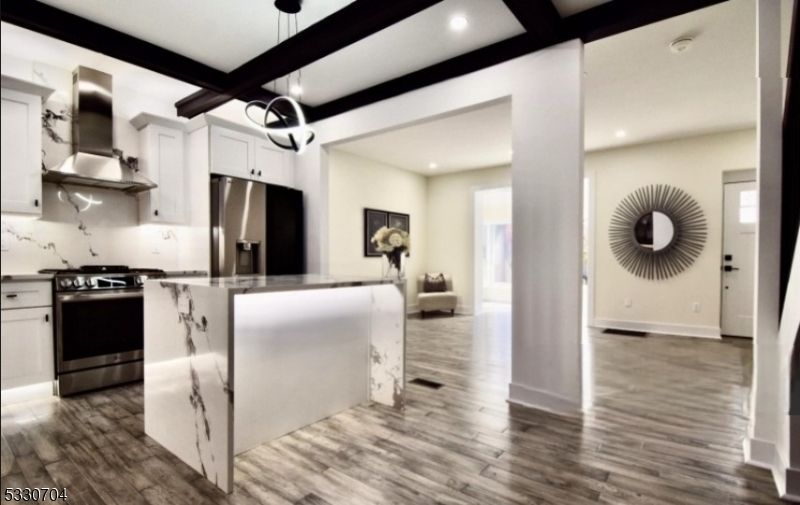Interior, Kitchen, Pendant Lights, Recessed Lighting, Stainless Steel Appliances, Wooden Beams, Wood Texture Flooring