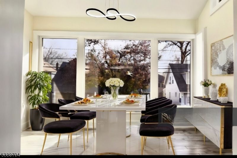 Dining room, Interior, Pendant Lights, Wood Texture Flooring