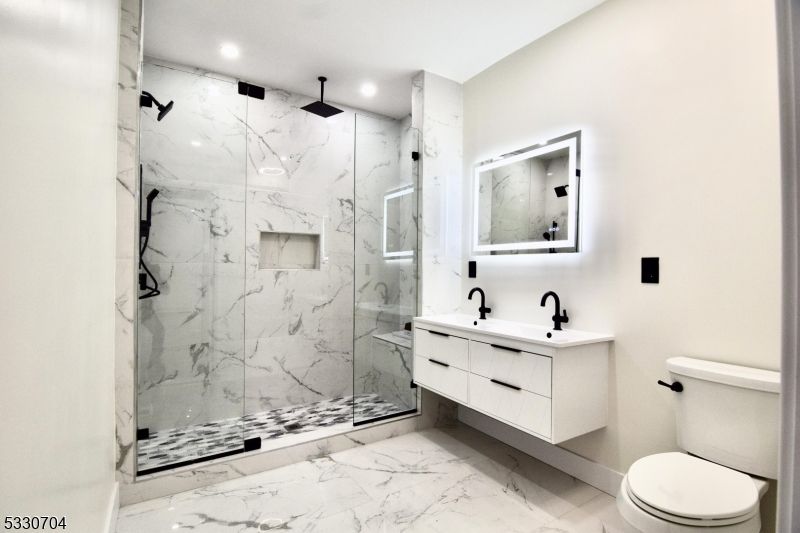 Bathroom, Glass Shower, Interior, Marble, Marble Walls, Recessed Lighting