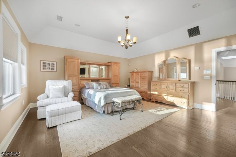 Bedroom, Chandelier, Interior, Recessed Lighting, Wood Texture Flooring