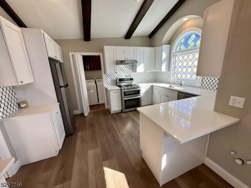 Interior, Kitchen, Recessed Lighting, Stainless Steel Appliances, Wooden Beams, Wood Texture Flooring